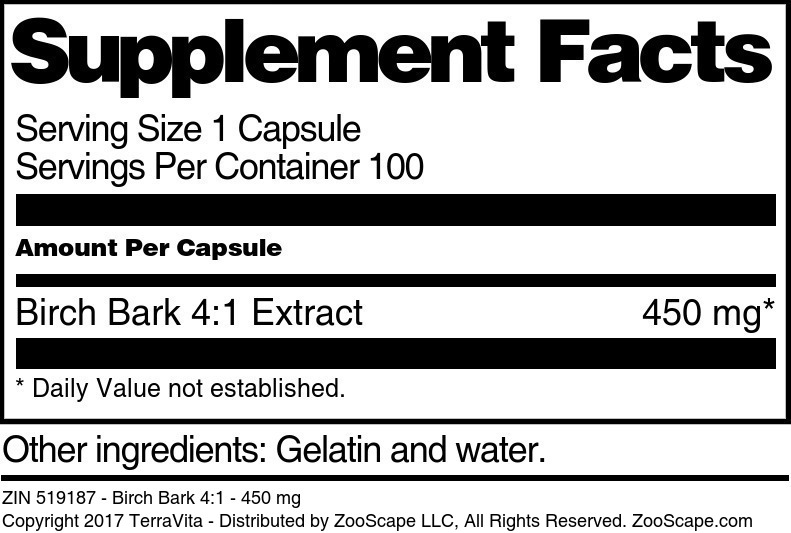 Birch Bark 4:1 - 450 mg - Supplement / Nutrition Facts