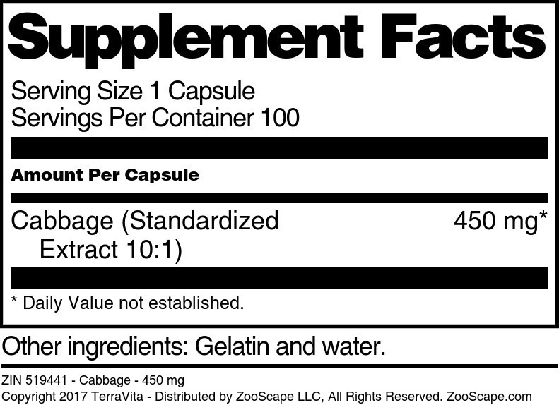 Cabbage - 450 mg - Supplement / Nutrition Facts