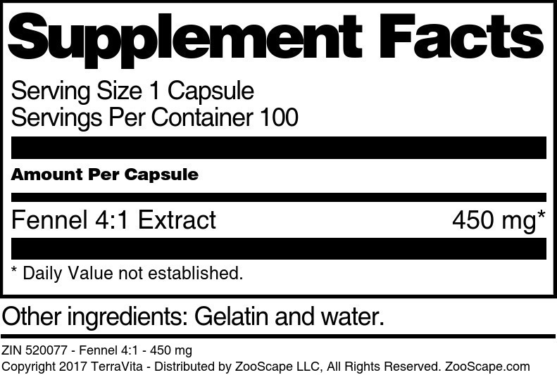 Fennel 4:1 - 450 mg - Supplement / Nutrition Facts