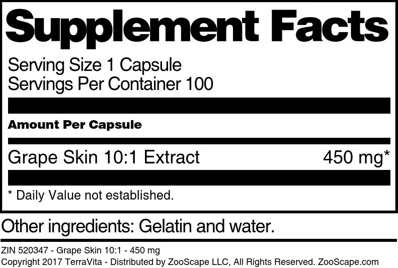 Grape Skin 10:1 - 450 mg - Supplement / Nutrition Facts