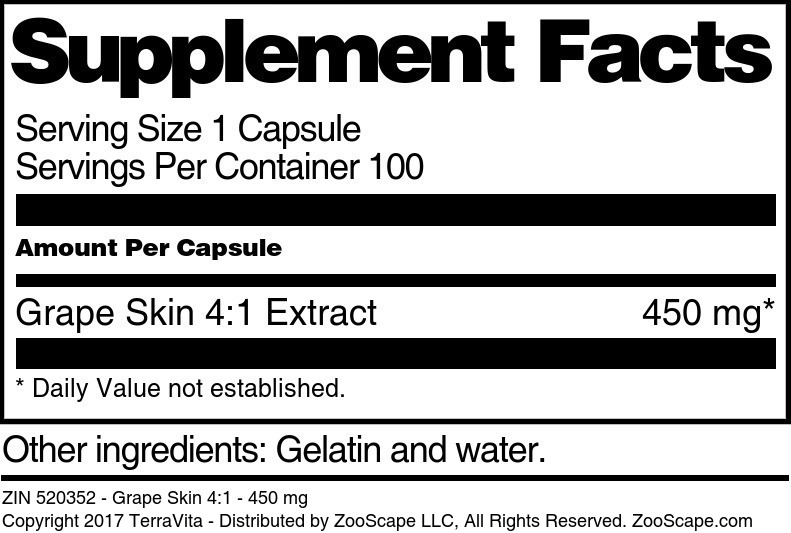 Grape Skin 4:1 - 450 mg - Supplement / Nutrition Facts