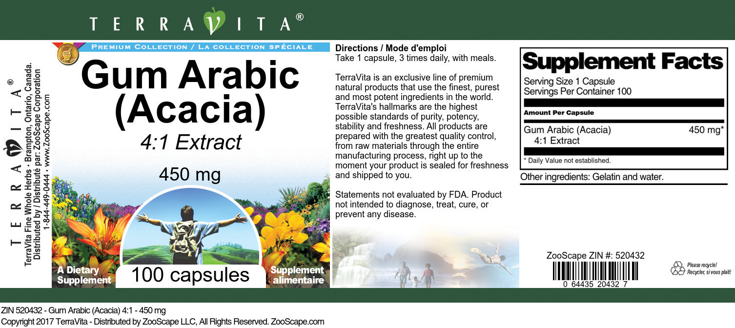 Gum Arabic (Acacia) 4:1 - 450 mg - Label