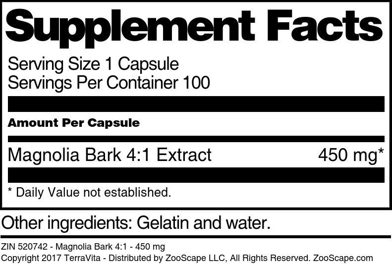 Magnolia Bark 4:1 - 450 mg - Supplement / Nutrition Facts