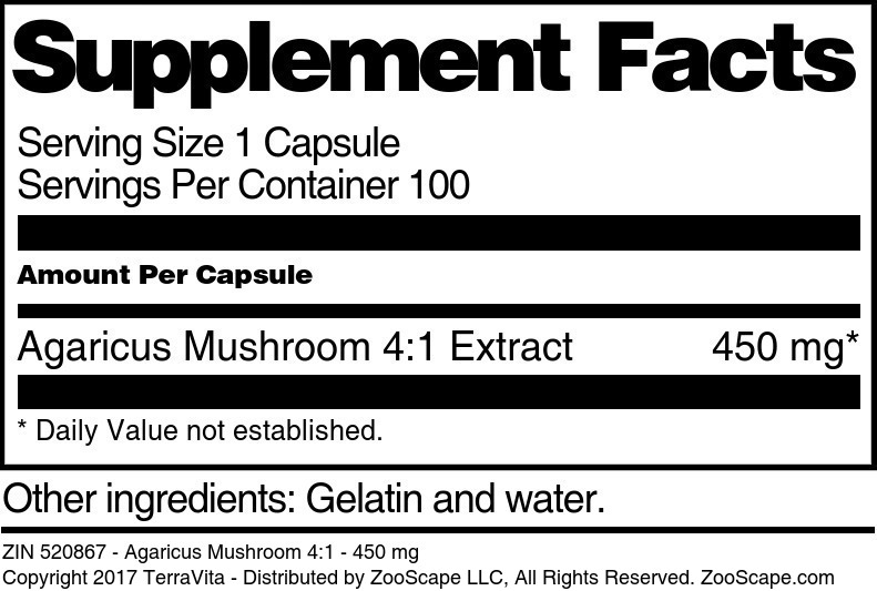 Agaricus Mushroom 4:1 - 450 mg - Supplement / Nutrition Facts