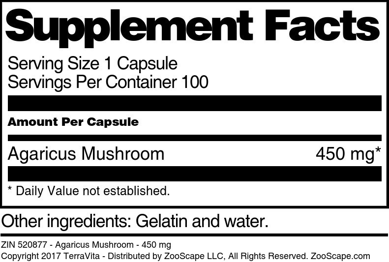 Agaricus Mushroom - 450 mg - Supplement / Nutrition Facts