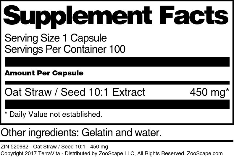 Oat Straw / Seed 10:1 - 450 mg - Supplement / Nutrition Facts