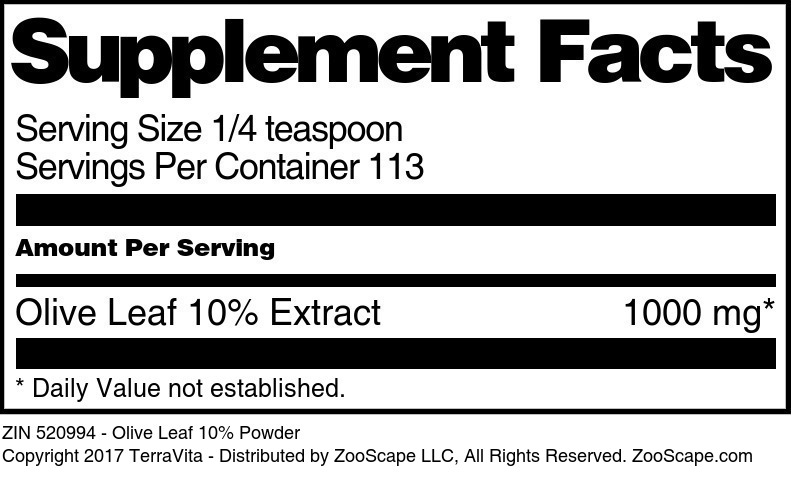 Olive Leaf 10% Powder - Supplement / Nutrition Facts
