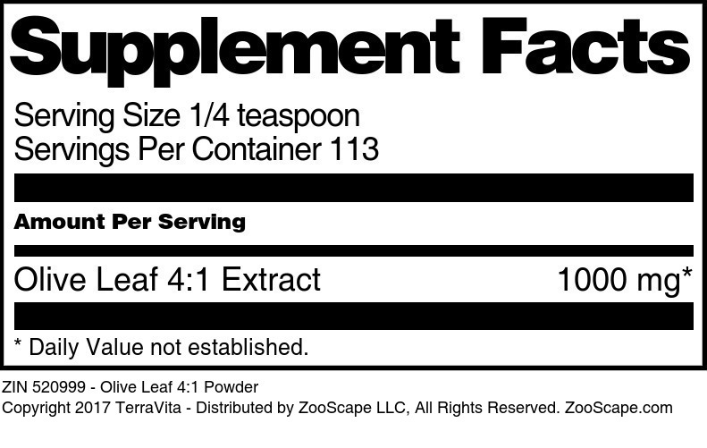 Olive Leaf 4:1 Powder - Supplement / Nutrition Facts