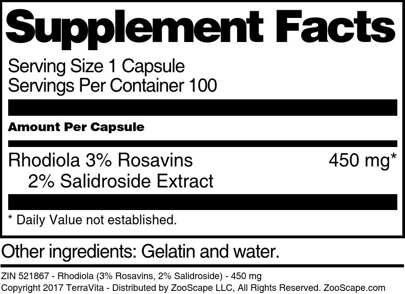 Rhodiola (3% Rosavins, 2% Salidroside) - 450 mg - Supplement / Nutrition Facts