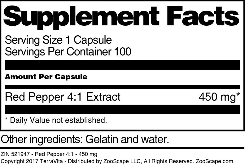 Red Pepper 4:1 - 450 mg - Supplement / Nutrition Facts