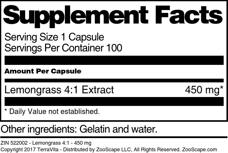 Lemongrass 4:1 - 450 mg - Supplement / Nutrition Facts