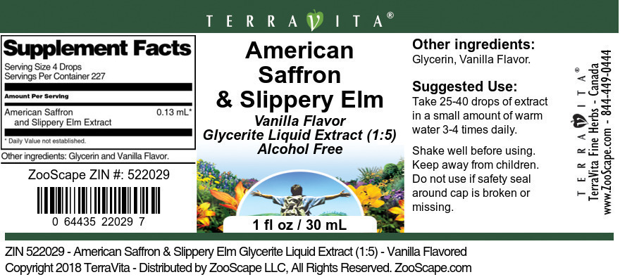 American Saffron & Slippery Elm Glycerite Liquid Extract (1:5) - Label