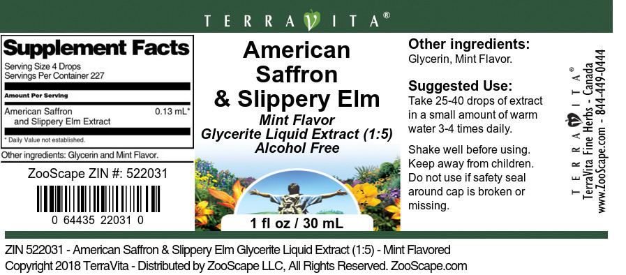 American Saffron & Slippery Elm Glycerite Liquid Extract (1:5) - Label