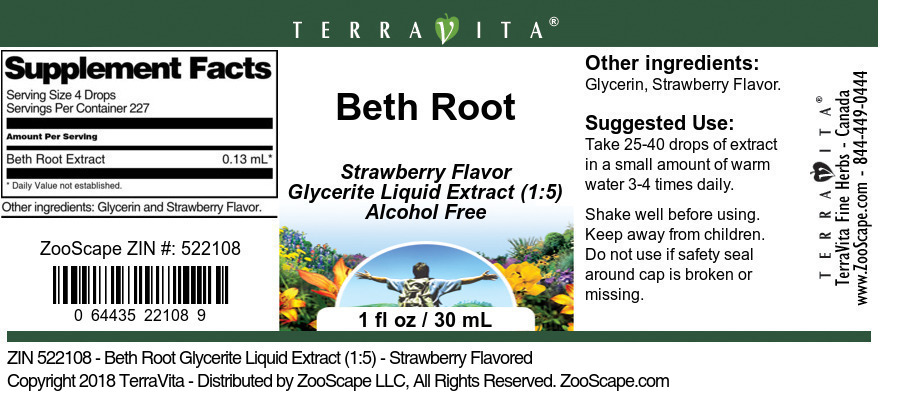 Beth Root Glycerite Liquid Extract (1:5) - Label