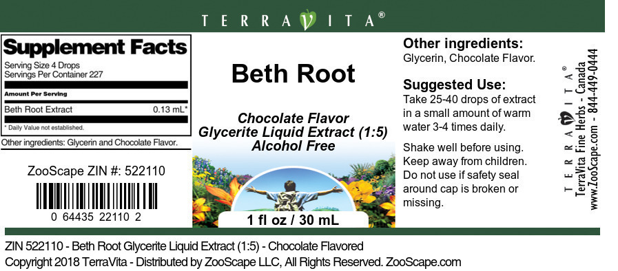 Beth Root Glycerite Liquid Extract (1:5) - Label