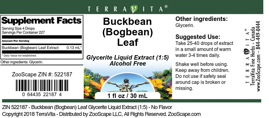 Buckbean (Bogbean) Leaf Glycerite Liquid Extract (1:5) - Label