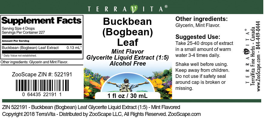 Buckbean (Bogbean) Leaf Glycerite Liquid Extract (1:5) - Label