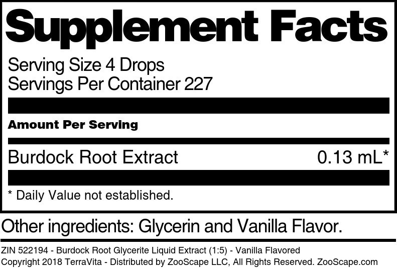 Burdock Root Glycerite Liquid Extract (1:5) - Supplement / Nutrition Facts