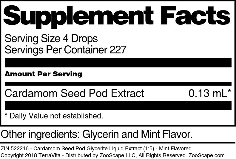 Cardamom Seed Pod Glycerite Liquid Extract (1:5) - Supplement / Nutrition Facts