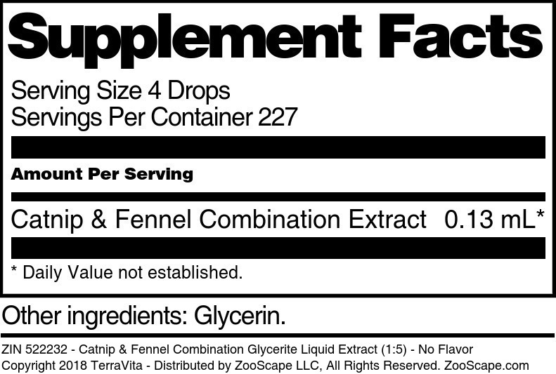 Catnip & Fennel Combination Glycerite Liquid Extract (1:5) - Supplement / Nutrition Facts