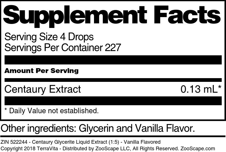 Centaury Glycerite Liquid Extract (1:5) - Supplement / Nutrition Facts