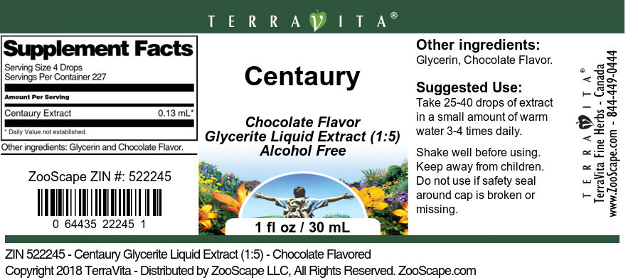 Centaury Glycerite Liquid Extract (1:5) - Label