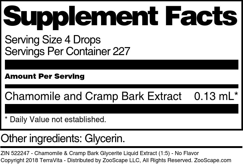 Chamomile & Cramp Bark Glycerite Liquid Extract (1:5) - Supplement / Nutrition Facts