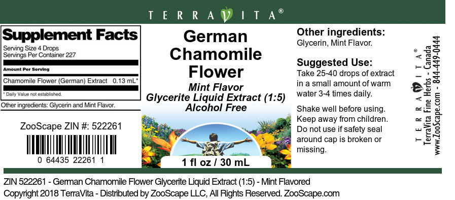 German Chamomile Flower Glycerite Liquid Extract (1:5) - Label