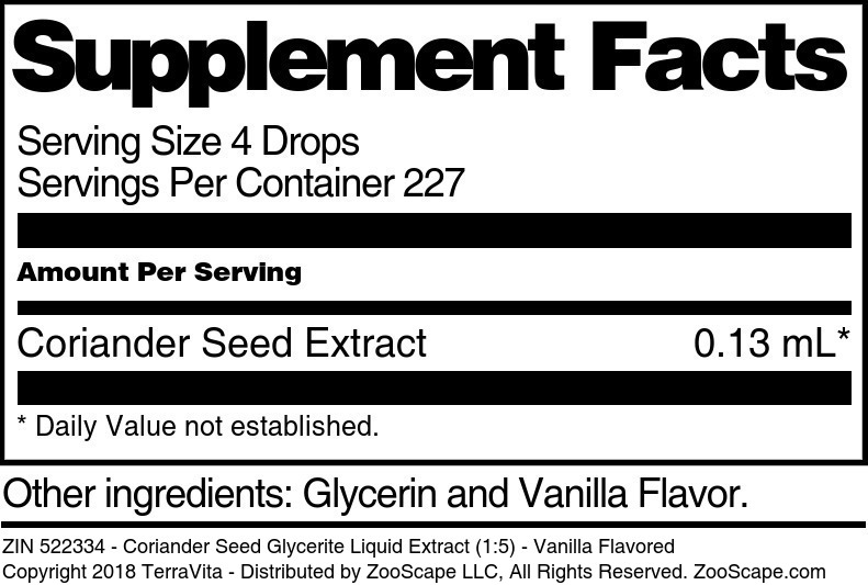 Coriander Seed Glycerite Liquid Extract (1:5) - Supplement / Nutrition Facts