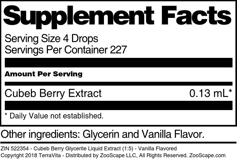 Cubeb Berry Glycerite Liquid Extract (1:5) - Supplement / Nutrition Facts