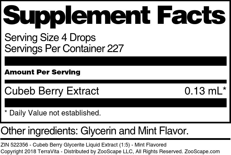 Cubeb Berry Glycerite Liquid Extract (1:5) - Supplement / Nutrition Facts