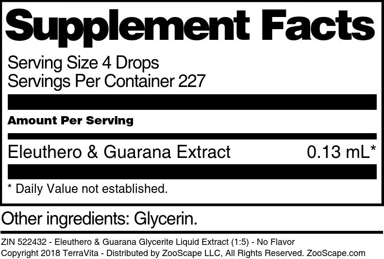 Eleuthero & Guarana Glycerite Liquid Extract (1:5) - Supplement / Nutrition Facts