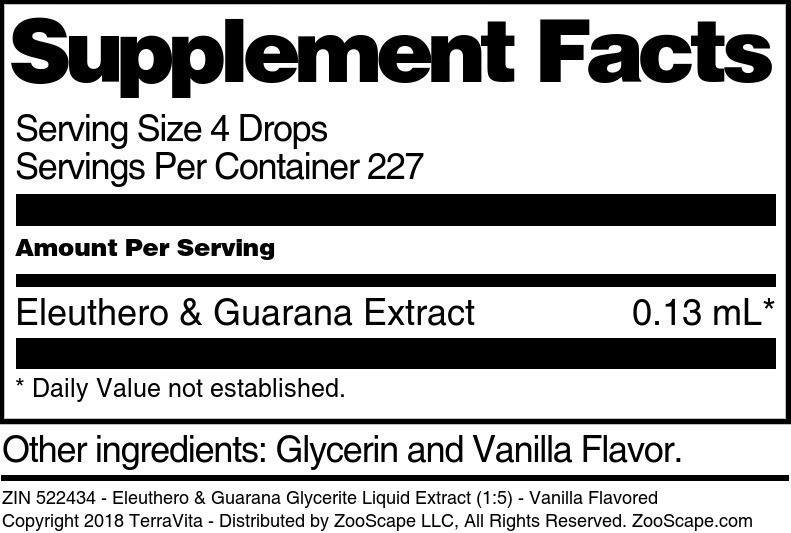 Eleuthero & Guarana Glycerite Liquid Extract (1:5) - Supplement / Nutrition Facts