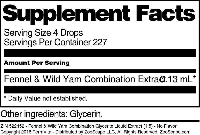 Fennel & Wild Yam Combination Glycerite Liquid Extract (1:5) - Supplement / Nutrition Facts