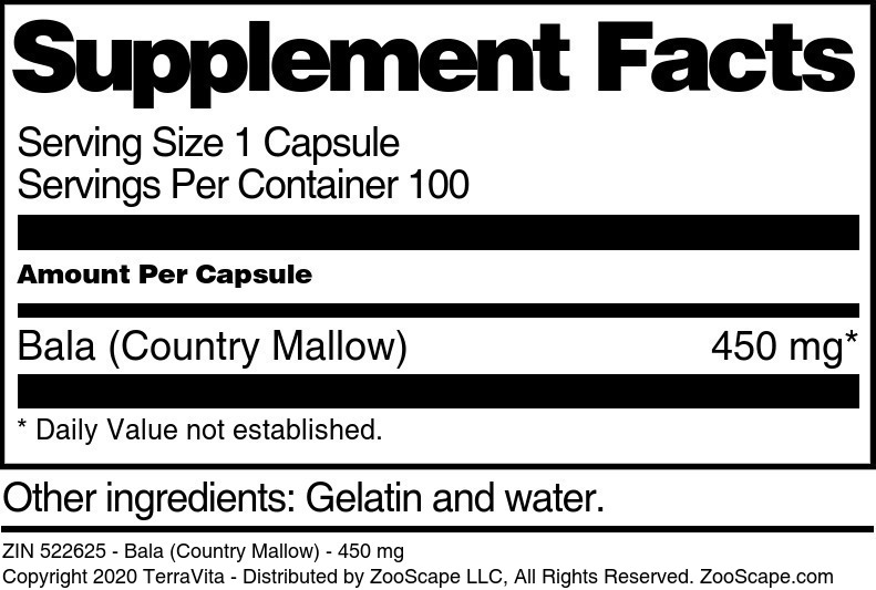 Bala (Country Mallow) - 450 mg - Supplement / Nutrition Facts