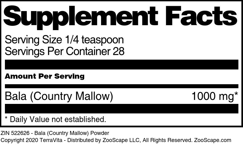 Bala (Country Mallow) Powder - Supplement / Nutrition Facts