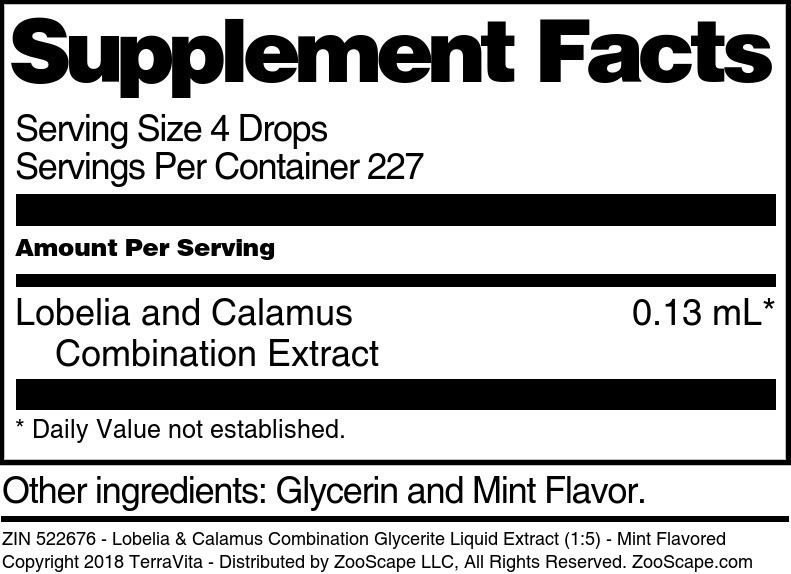 Lobelia & Calamus Combination Glycerite Liquid Extract (1:5) - Supplement / Nutrition Facts
