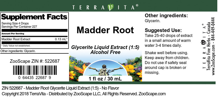 Madder Root Glycerite Liquid Extract (1:5) - Label
