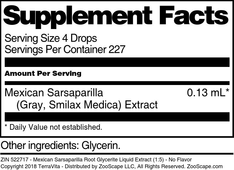 Mexican Sarsaparilla Root Glycerite Liquid Extract (1:5) - Supplement / Nutrition Facts