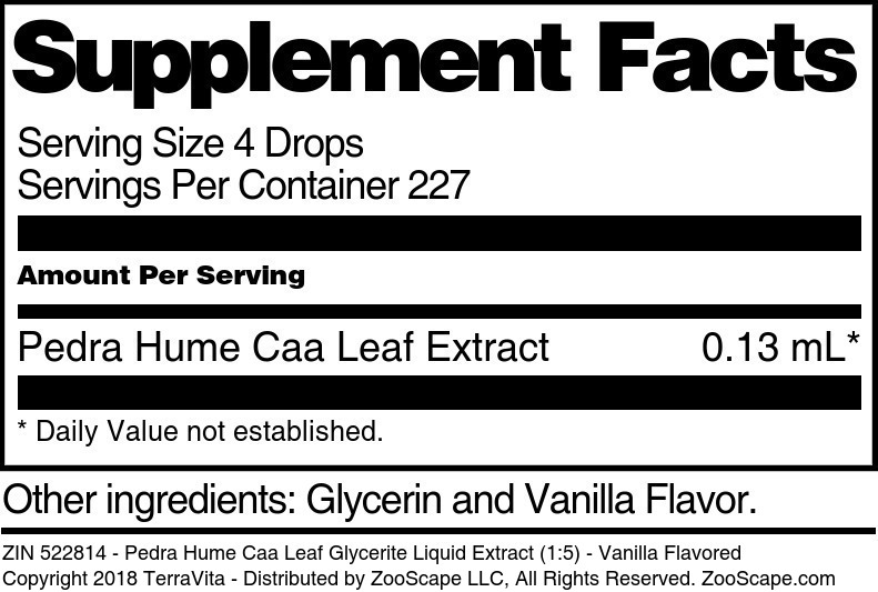 Pedra Hume Caa Leaf Glycerite Liquid Extract (1:5) - Supplement / Nutrition Facts