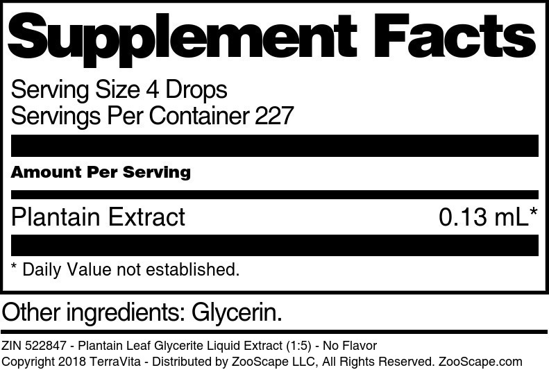 Plantain Leaf Glycerite Liquid Extract (1:5) - Supplement / Nutrition Facts