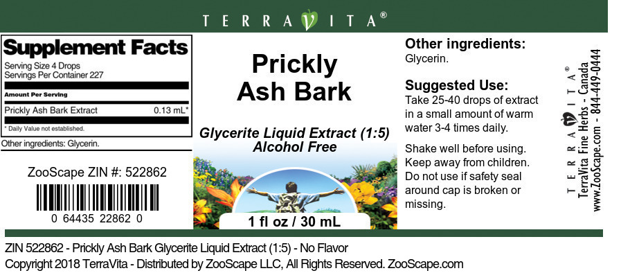 Prickly Ash Bark Glycerite Liquid Extract (1:5) - Label