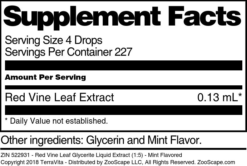 Red Vine Leaf Glycerite Liquid Extract (1:5) - Supplement / Nutrition Facts