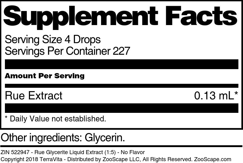 Rue Glycerite Liquid Extract (1:5) - Supplement / Nutrition Facts