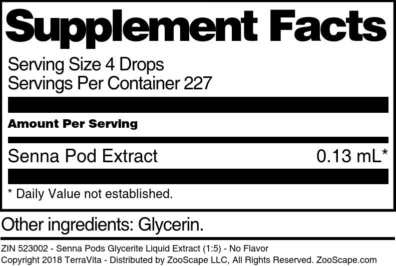 Senna Pods Glycerite Liquid Extract (1:5) - Supplement / Nutrition Facts