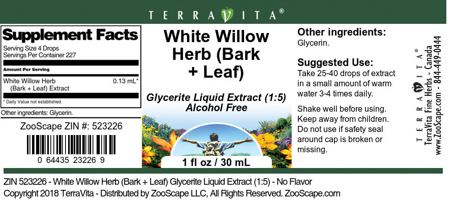 White Willow Herb (Bark + Leaf) Glycerite Liquid Extract (1:5) - Label