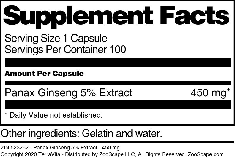 Panax Ginseng 5% Extract - 450 mg - Supplement / Nutrition Facts