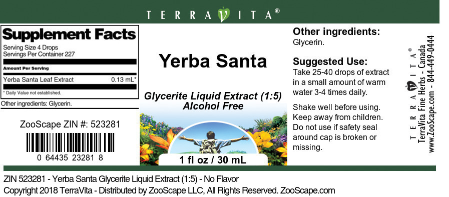 Yerba Santa Glycerite Liquid Extract (1:5) - Label