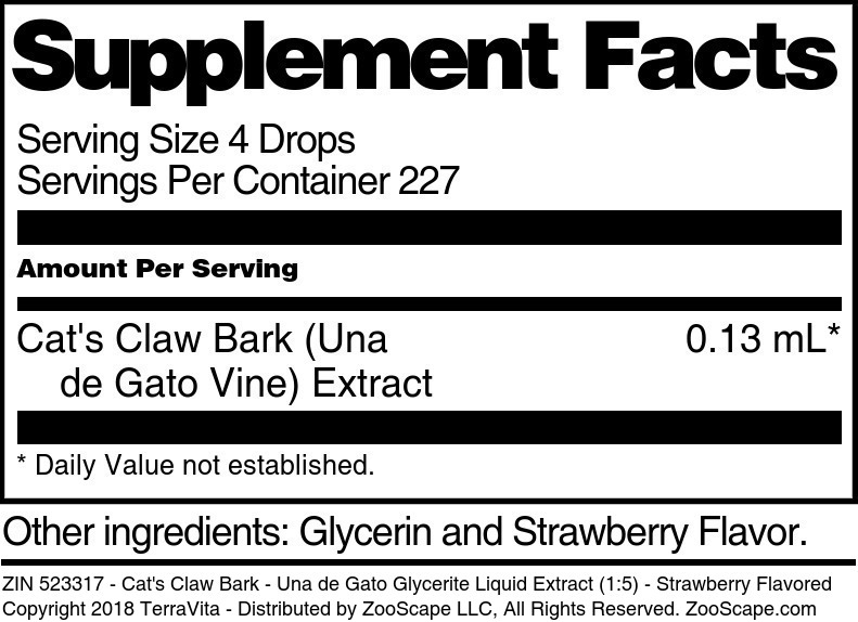 Cat's Claw Bark - Una de Gato Glycerite Liquid Extract (1:5) - Supplement / Nutrition Facts