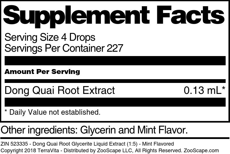 Dong Quai Root Glycerite Liquid Extract (1:5) - Supplement / Nutrition Facts